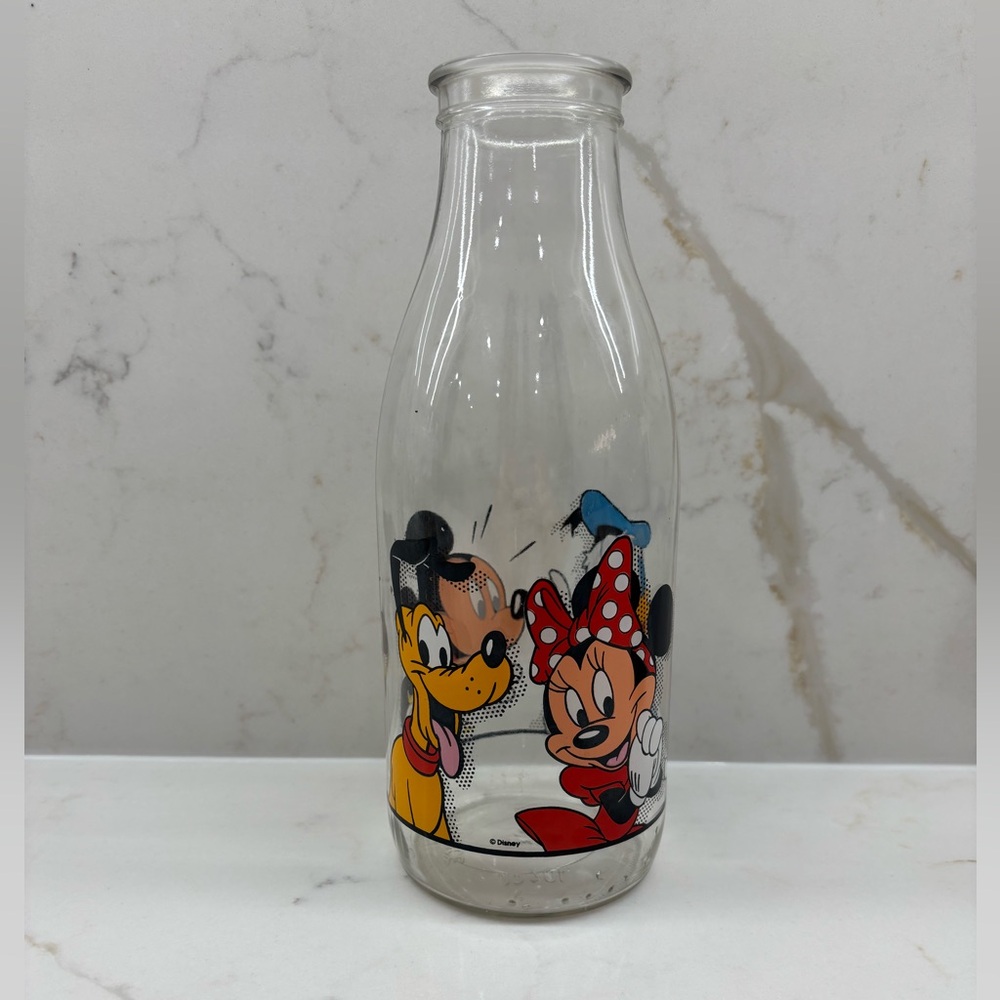 Vintage Disney Mickey Minnie Pluto Donald Character Glass Milk Bottle France